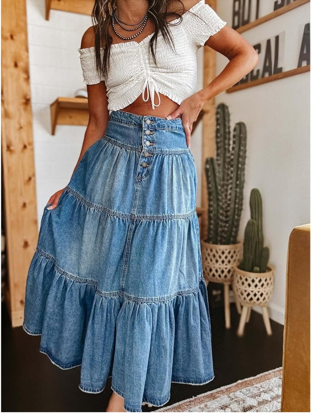 High-Waist Tiered Denim Maxi Skirt - Blue - Picture 4 of 5